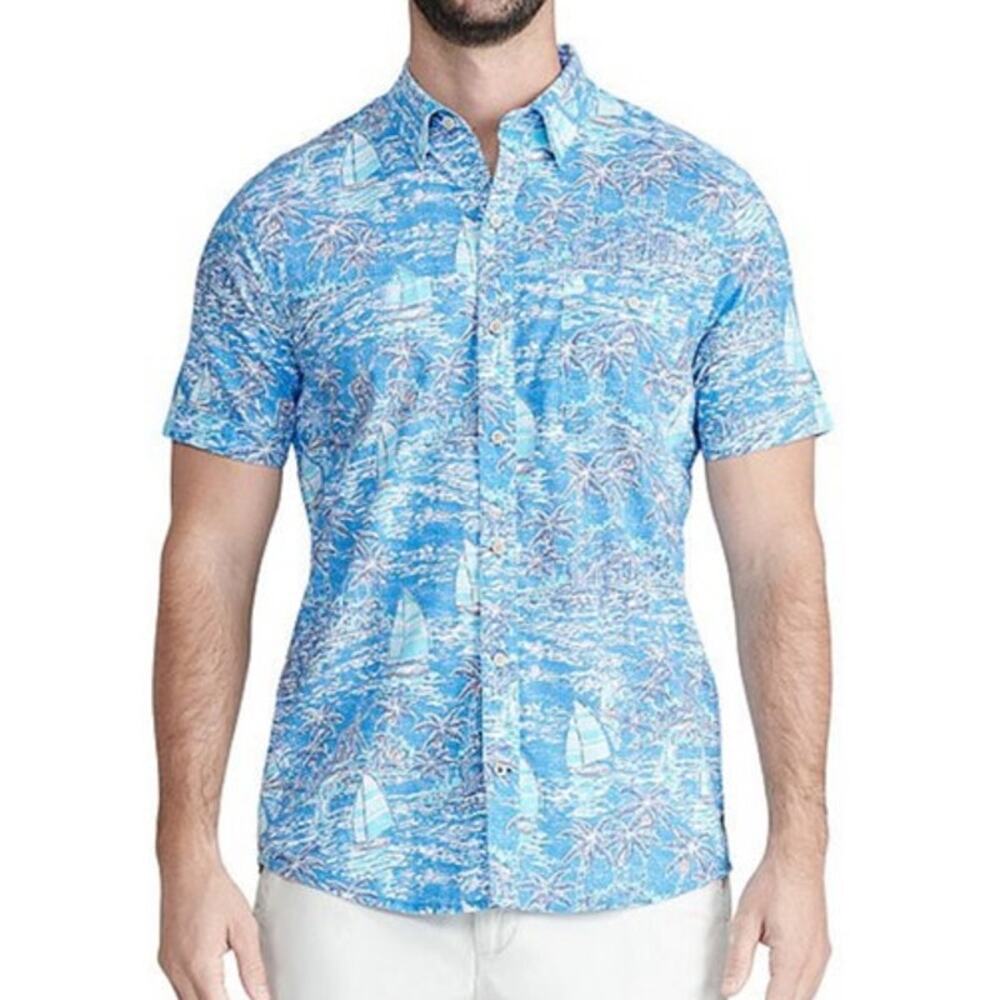 IZOD Saltwater Dockside Button Front Shirt Blue Palm Trees Sail Boats NWT